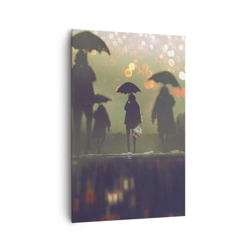 Quadro su tela - Stampe su Tela - Una figura con un ombrello in una sera piovosa tra le luci della città - 80x120cm - Dalla prospettiva di una goccia di pioggia - Decorazione murale moderna per soggiorno e camera da letto ARTTOR