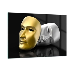 Quadro su vetro - Maschera in oro e argento su sfondo nero - 120x80cm - La vita è teatro - Decorazione murale moderna per soggiorno e camera da letto ARTTOR