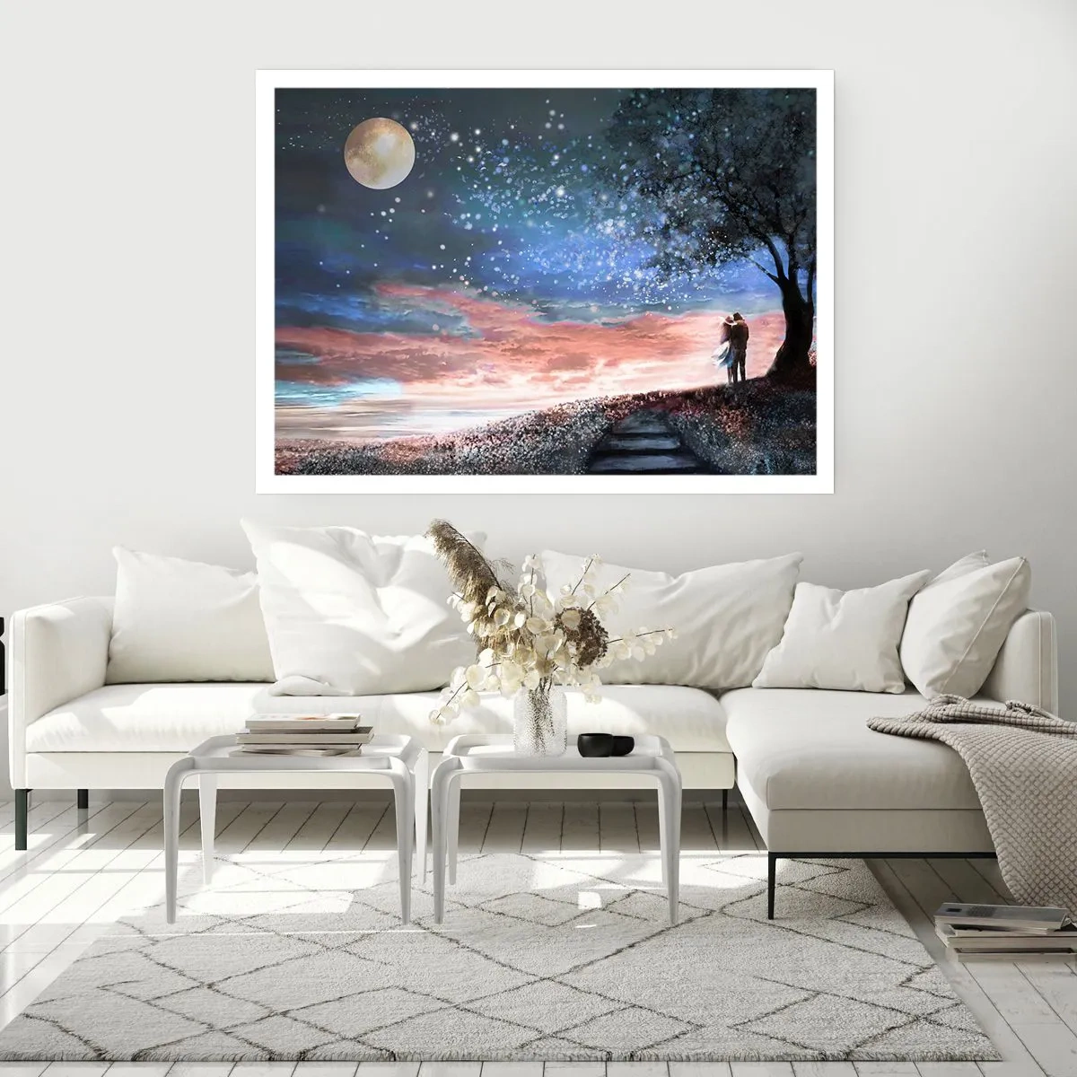 Poster - Scena romantica di coppia sotto la luna piena - 100x70cm - Lo spettacolo delle stelle - Decorazione murale moderna per soggiorno e camera da letto ARTTOR