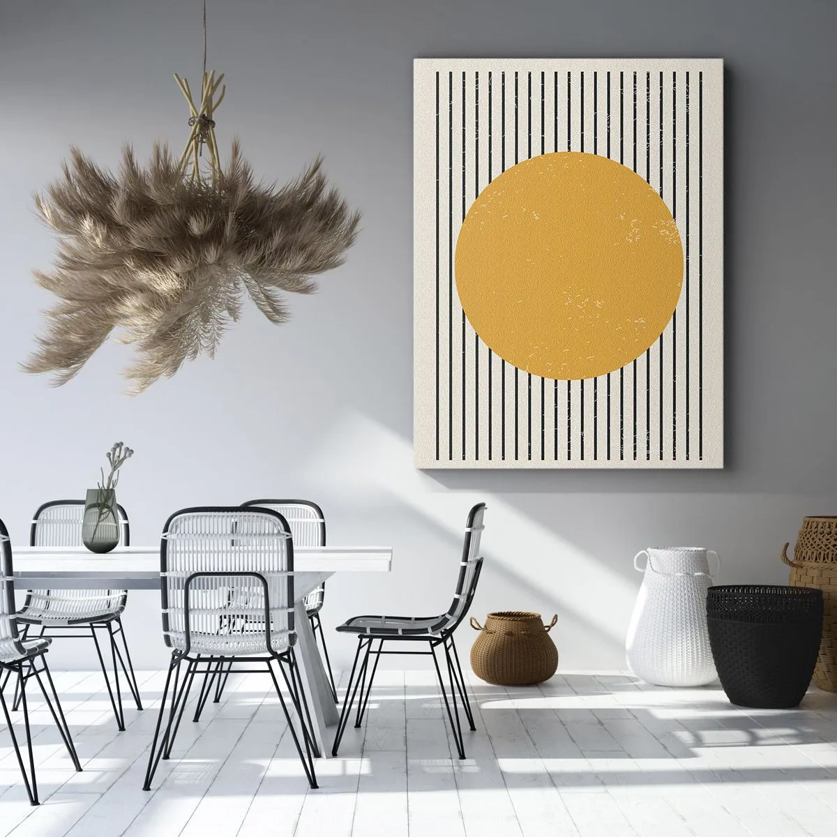 Quadro su tela - Stampe su Tela - Un cerchio giallo su uno sfondo di linee orizzontali bianche e nere - 70x100cm - La forza della semplicità - Decorazione murale moderna per soggiorno e camera da letto ARTTOR