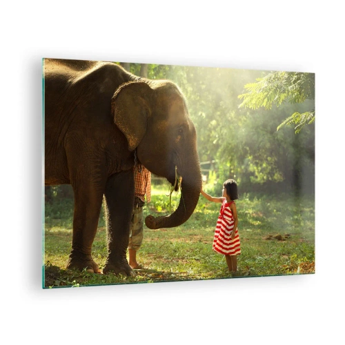 Quadro su vetro - Una ragazza con un vestito rosso tocca un elefante nella foresta. - 70x50cm - La forza dell'amicizia - Decorazione murale moderna per soggiorno e camera da letto ARTTOR