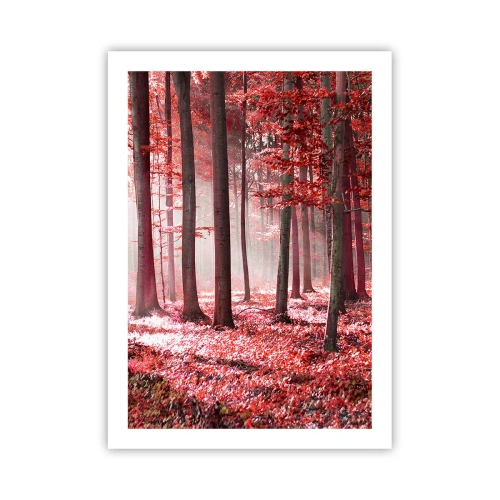 Poster - Una foresta con foglie rosse e nebbia al mattino - 50x70cm - Anche rosso è bello - Decorazione murale moderna per soggiorno e camera da letto ARTTOR