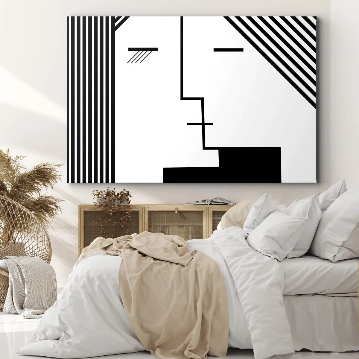 Quadro su tela - Stampe su Tela - Astrazione geometrica di un bacio in bianco e nero - 70x50cm - Semplicemente un bacio - Decorazione murale moderna per soggiorno e camera da letto ARTTOR