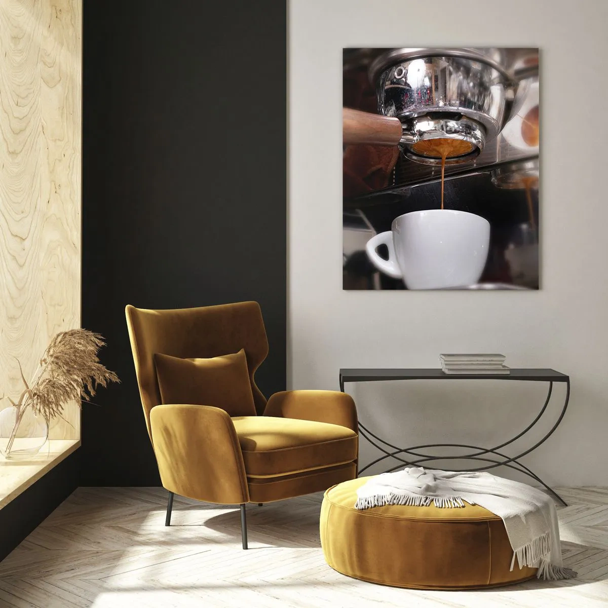 Quadro su vetro - Primo piano di una macchina da caffè che prepara un espresso fresco - 70x100cm - Il miglior momento della giornata - Decorazione murale moderna per soggiorno e camera da letto ARTTOR