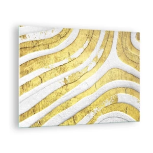 Quadro su vetro - Onde astratte dorate e bianche con effetto materico - 70x50cm - Composizione in bianco e oro - Decorazione murale moderna per soggiorno e camera da letto ARTTOR