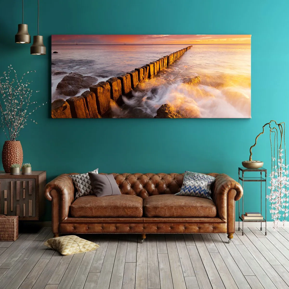 Quadro su tela - Stampe su Tela - Un paesaggio pittoresco in riva al mare al tramonto - 160x50cm - La mitezza delle onde - Decorazione murale moderna per soggiorno e camera da letto ARTTOR