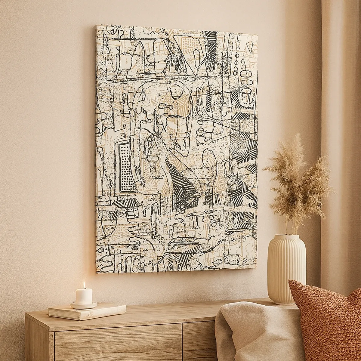 Quadro su tela - Stampe su Tela - Motivi astratti e linee su uno sfondo beige - 50x70cm - In attesa di essere decifrato - Decorazione murale moderna per soggiorno e camera da letto ARTTOR