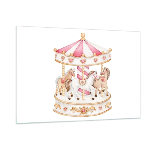 Quadro su vetro - Una giostra rosa con cavalli in stile bambini su uno sfondo bianco - 120x80cm - Il dolce mondo dell'infanzia - Decorazione murale moderna per soggiorno e camera da letto ARTTOR