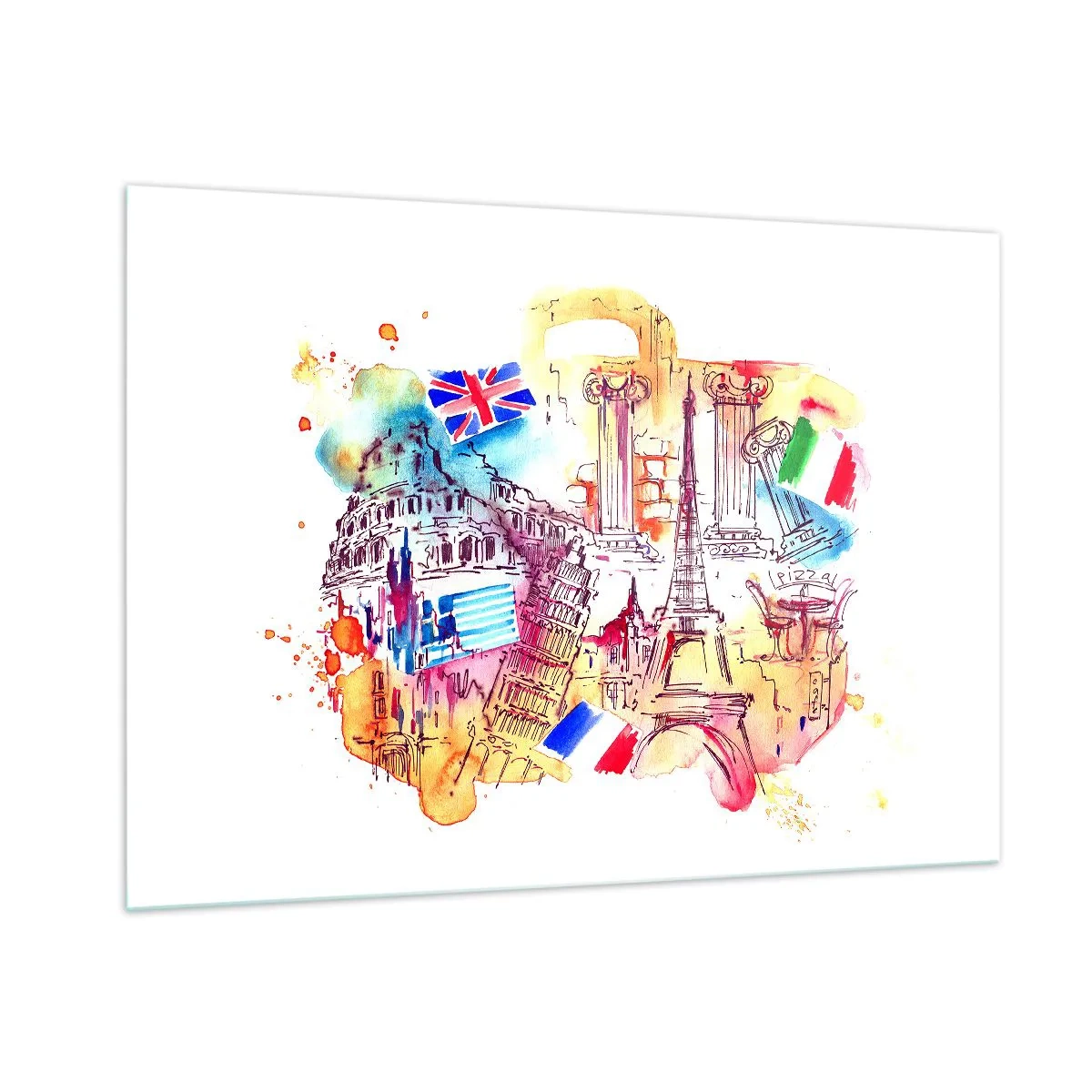 Quadro su vetro - Acquerello di monumenti europei con bandiere nazionali - 100x70cm - Tournée europea - Decorazione murale moderna per soggiorno e camera da letto ARTTOR