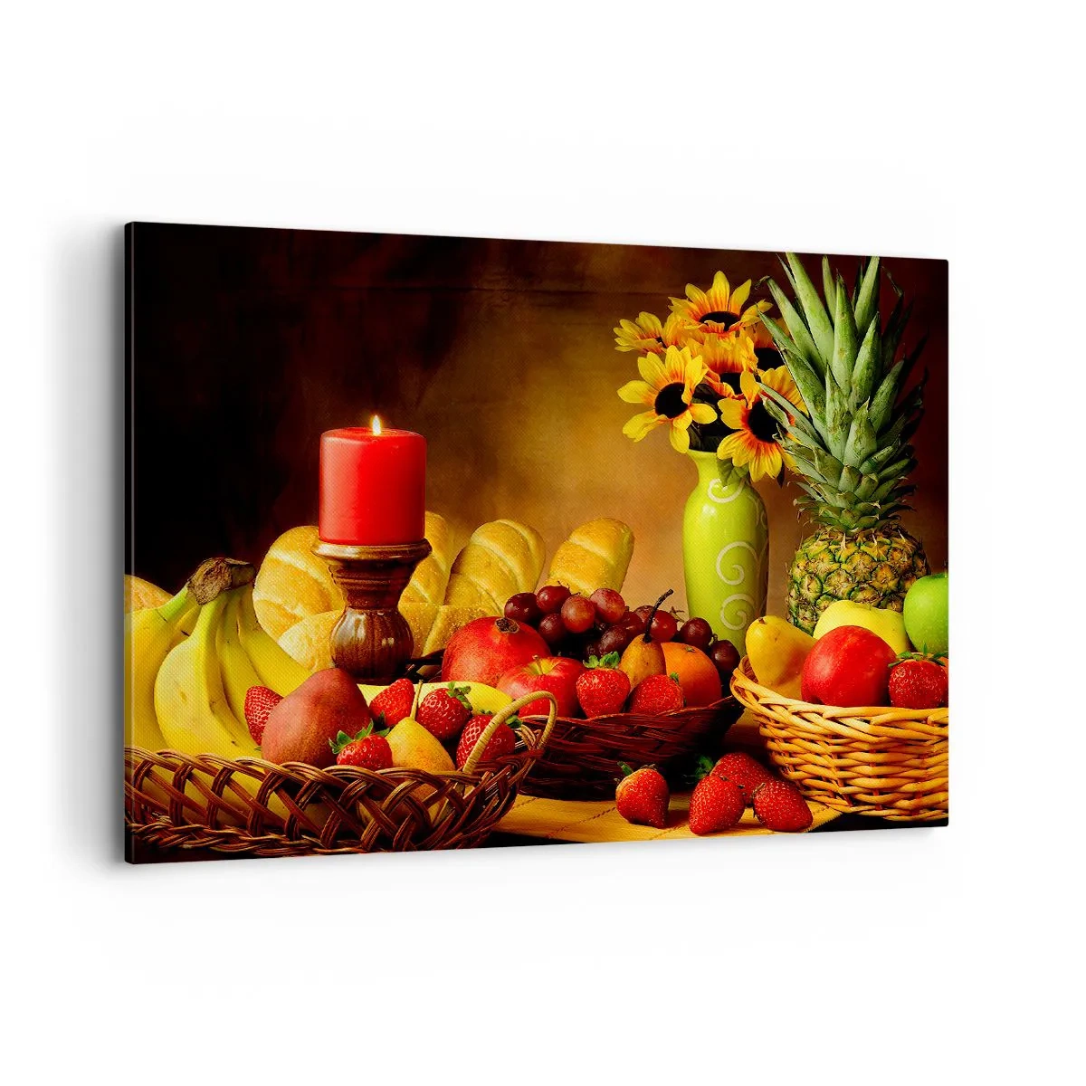 Quadro su tela - Stampe su Tela - Natura morta con frutta, pane, candela e fiori - 100x70cm - Natura morta con pane e frutta - Decorazione murale moderna per soggiorno e camera da letto ARTTOR