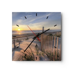 Orologio da parete - Orologio in Vetro - Spiaggia al tramonto con recinzione in legno - 30x30cm - Luci e ombre del vento - Decorazione murale moderna per soggiorno e camera da letto ARTTOR