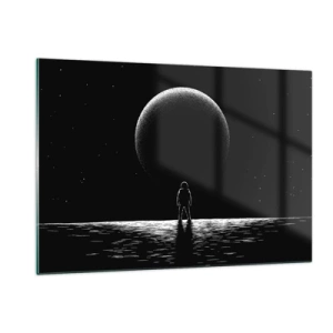 Quadro su vetro - Astronauta in piedi davanti a un pianeta in bianco e nero - 120x80cm - Faccia a faccia - Decorazione murale moderna per soggiorno e camera da letto ARTTOR