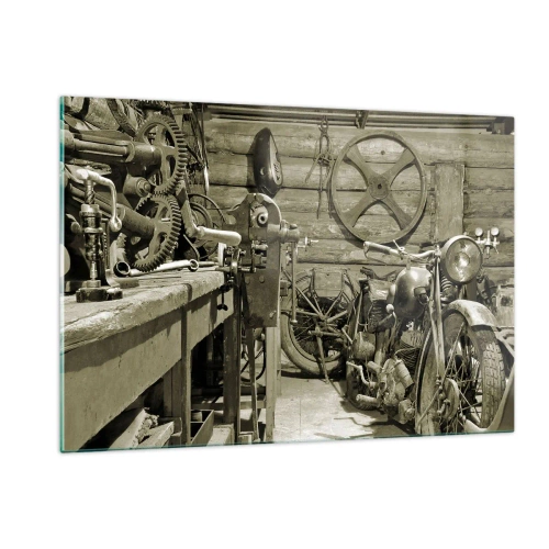 Quadro su vetro - Un laboratorio con attrezzi antichi e una vecchia motocicletta - 120x80cm - Nel capanno di zio Alfredo - Decorazione murale moderna per soggiorno e camera da letto ARTTOR
