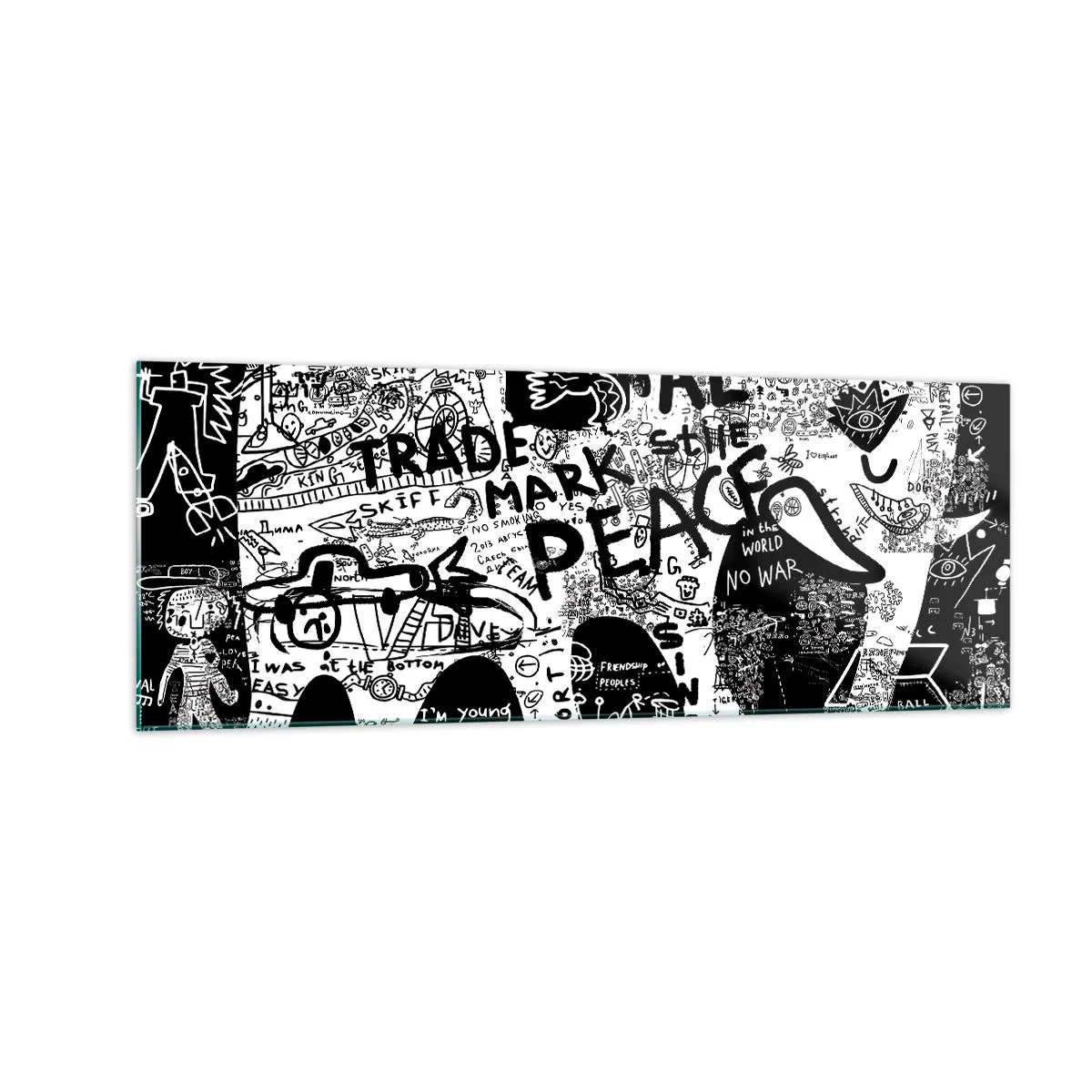 Quadro su vetro - Grafica in bianco e nero con motivi graffiti - 140x50cm - Il ricco mondo della strada - Decorazione murale moderna per soggiorno e camera da letto ARTTOR