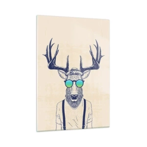 Quadro su vetro - Un elegante cervo con occhiali da sole su uno sfondo chiaro - 50x70cm - E chi ti aspettavi? - Decorazione murale moderna per soggiorno e camera da letto ARTTOR
