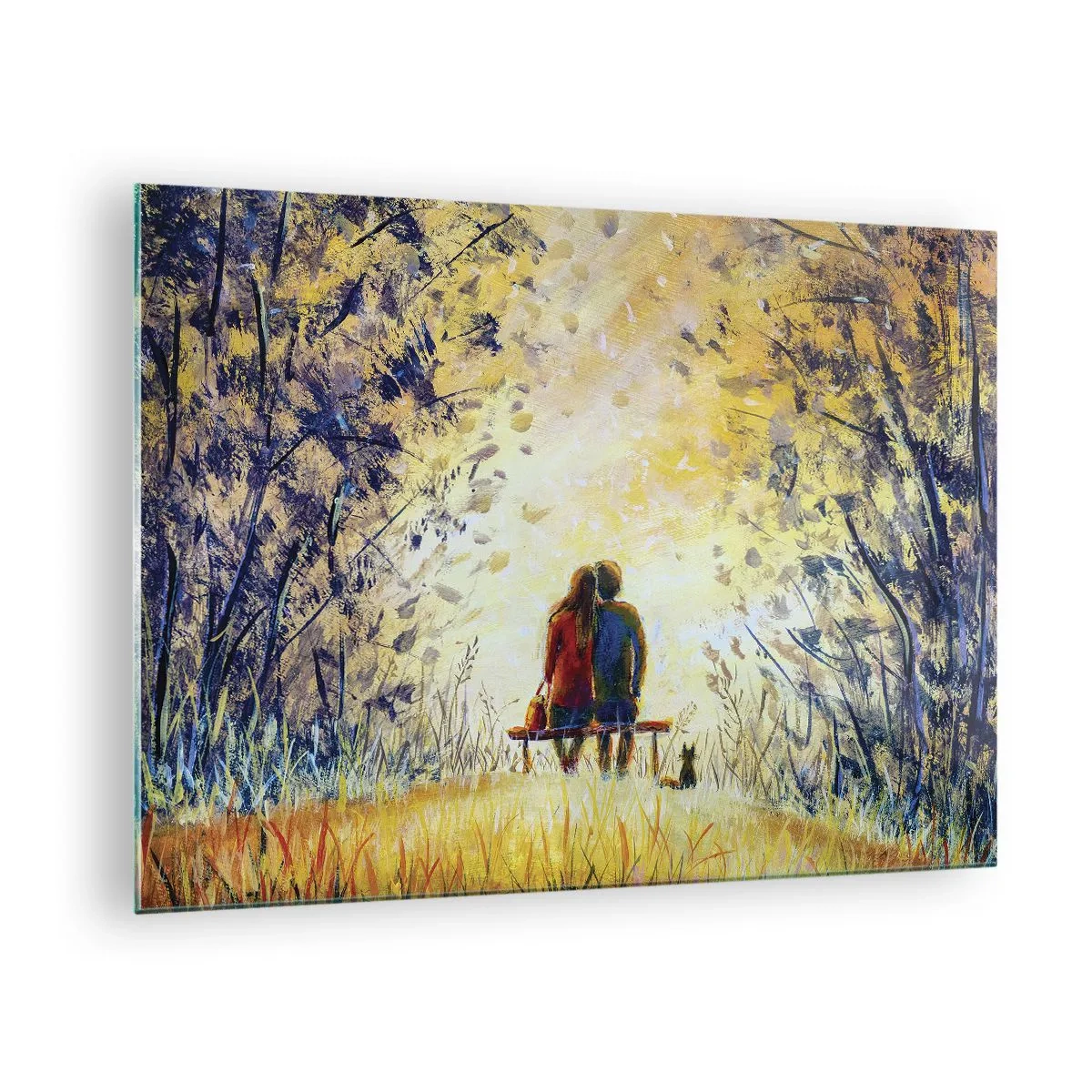 Quadro su vetro - Una coppia su una panchina in un momento magico - 70x50cm - Attimo magico - Decorazione murale moderna per soggiorno e camera da letto ARTTOR