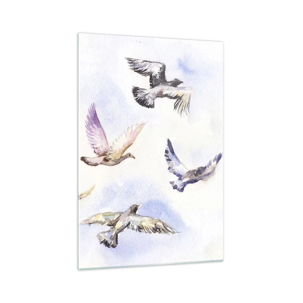 Quadro su vetro - Uccelli acquerellati in volo contro un cielo delicato - 70x100cm - Libertà in grigio e blu - Decorazione murale moderna per soggiorno e camera da letto ARTTOR