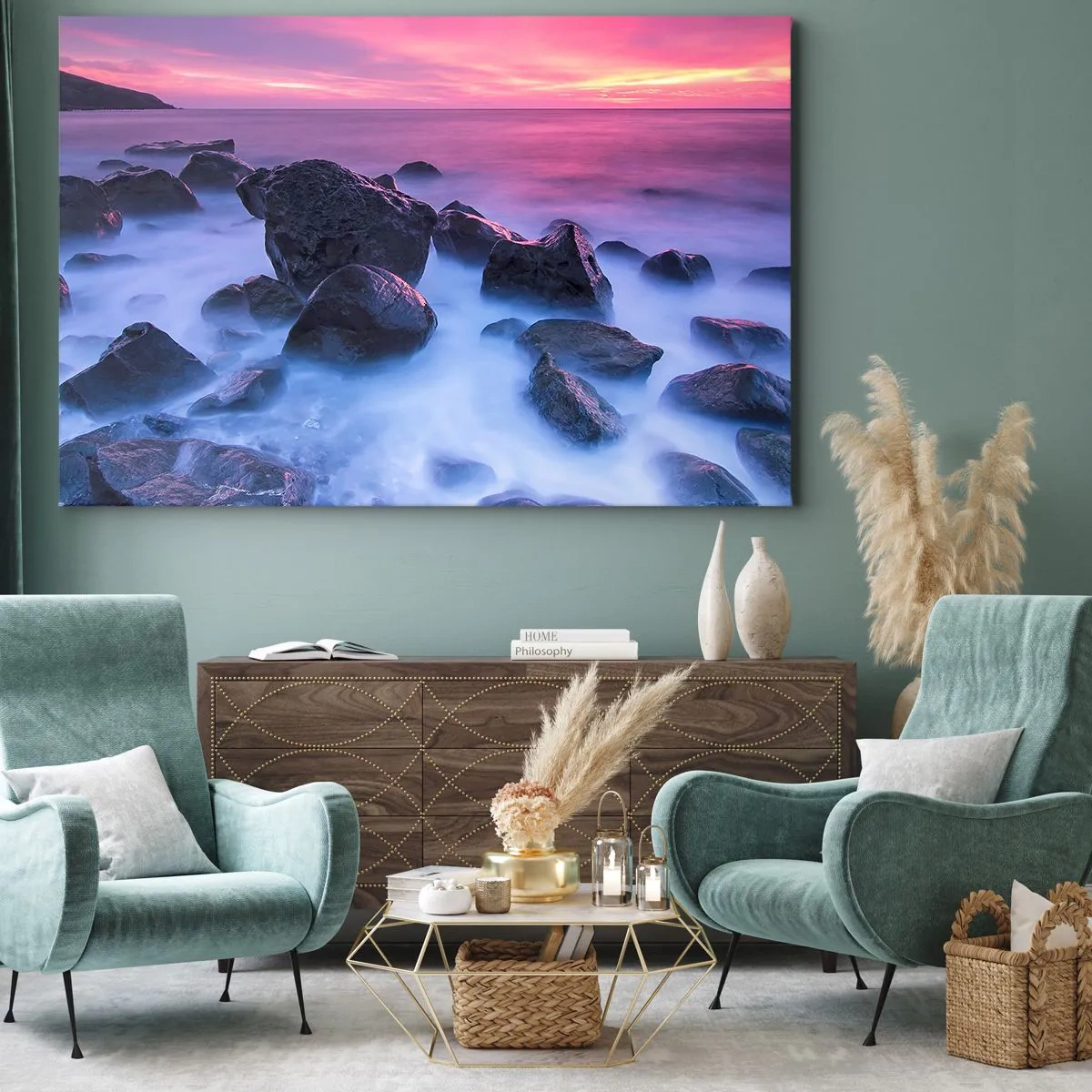 Quadro su tela - Stampe su Tela - Costa rocciosa al tramonto - 120x80cm - Nascita nella luce e nella nebbia - Decorazione murale moderna per soggiorno e camera da letto ARTTOR