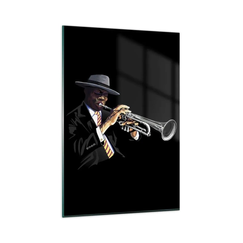 Quadro su vetro - Un musicista che suona la tromba su uno sfondo nero - 80x120cm - Il fascino della Old School - Decorazione murale moderna per soggiorno e camera da letto ARTTOR