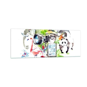 Quadro su vetro - Grafica colorata con temi naturalistici e safari - 140x50cm - Nell'obiettivo del viaggiatore - Decorazione murale moderna per soggiorno e camera da letto ARTTOR