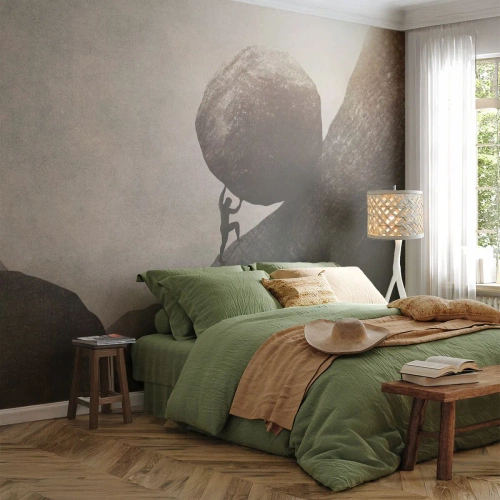 Fotomurali Standard Eco - Una figura che spinge un masso in salita in un paesaggio aspro - 100x70cm - Credo contro ogni speranza - Decorazione murale moderna per soggiorno e camera da letto ARTTOR