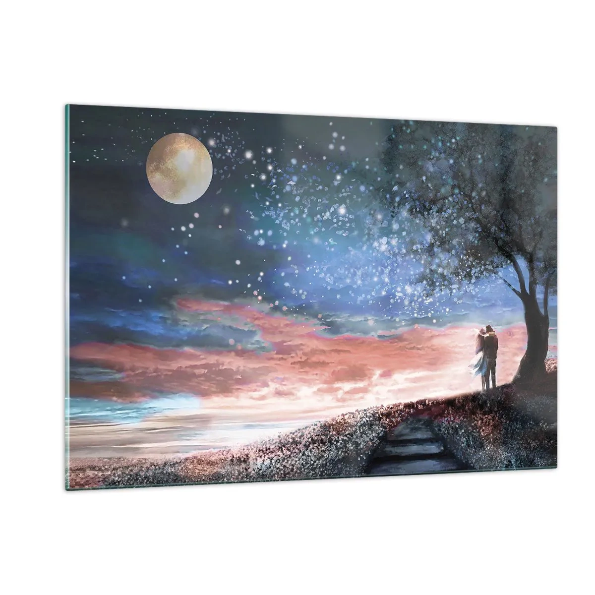 Quadro su vetro - Una coppia innamorata sotto un albero con la luna e le stelle - 120x80cm - Lo spettacolo delle stelle - Decorazione murale moderna per soggiorno e camera da letto ARTTOR