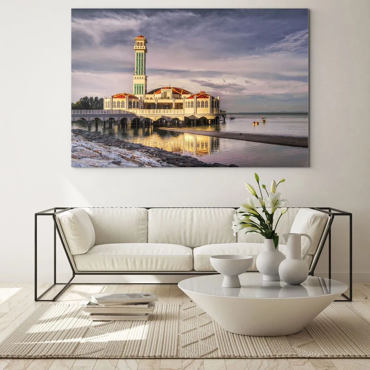 Quadro su vetro - Moschea sull'acqua in una luce pittoresca - 120x80cm - Il tempio della natura - Decorazione murale moderna per soggiorno e camera da letto ARTTOR