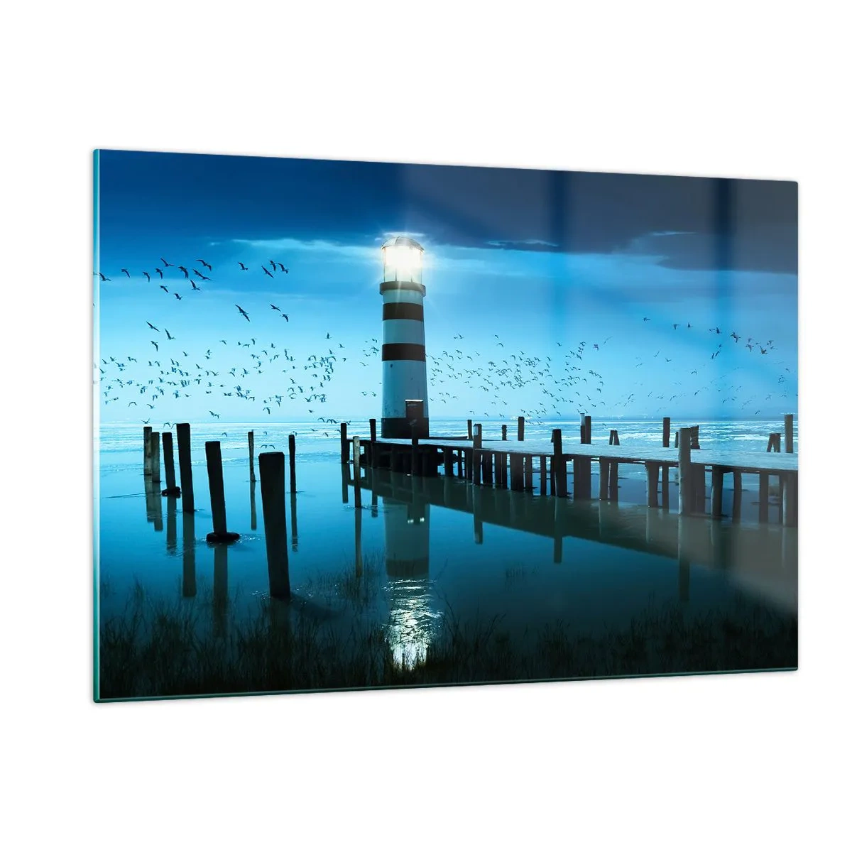 Quadro su vetro - Un faro circondato da acque calme e uccelli - 120x80cm - E passa la paura del buio - Decorazione murale moderna per soggiorno e camera da letto ARTTOR