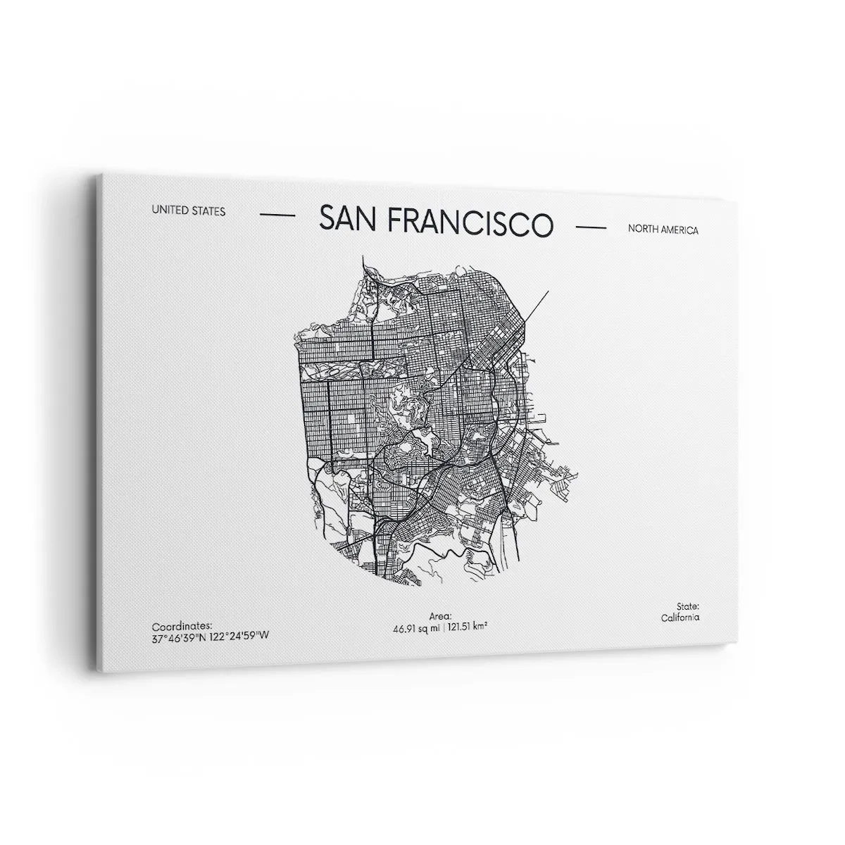 Quadro su tela - Stampe su Tela - Una mappa di San Francisco in stile minimalista in bianco e nero. - 120x80cm - Anatomia di San Francisco - Decorazione murale moderna per soggiorno e camera da letto ARTTOR