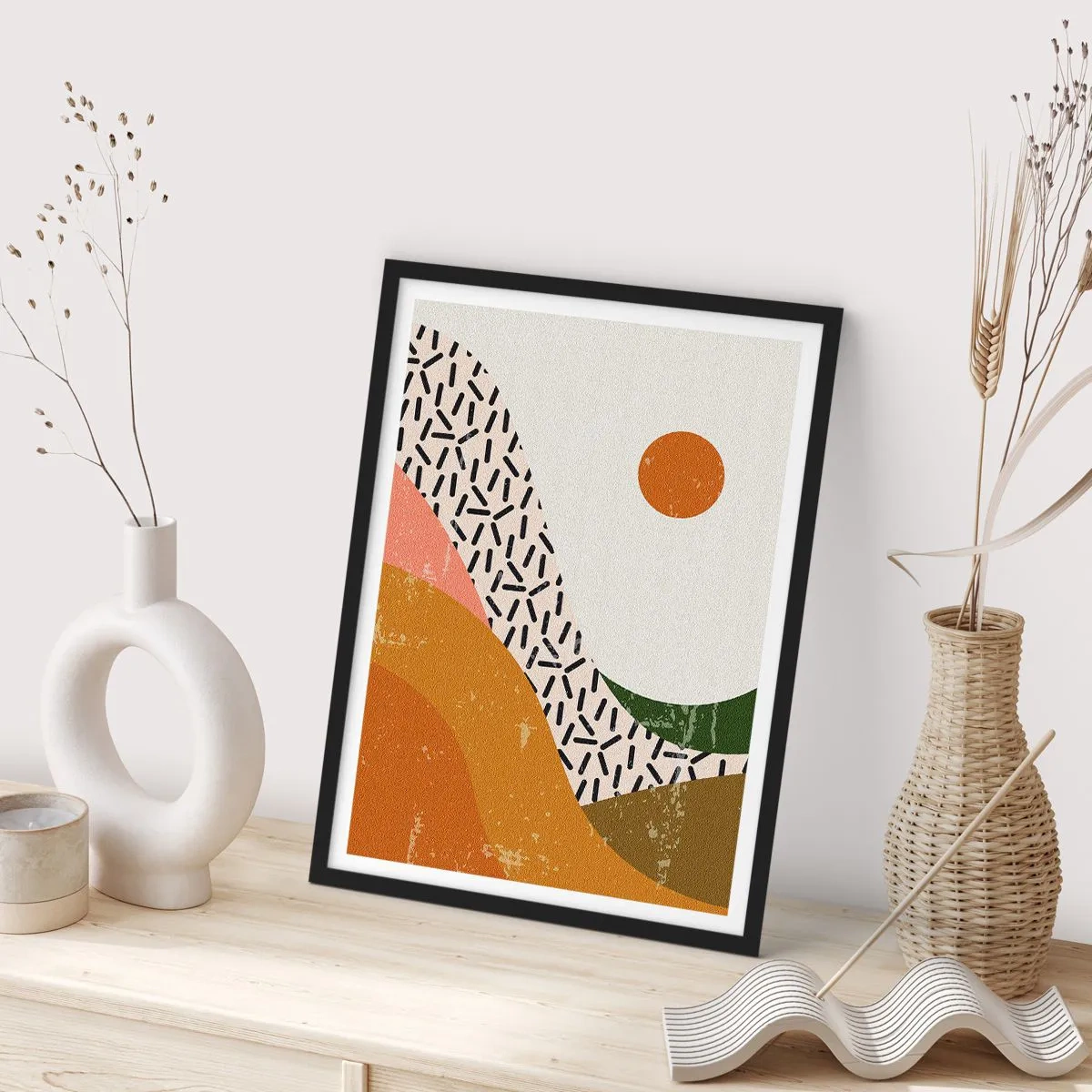 Poster in cornice nera - Paesaggio astratto dai colori caldi - 50x70cm - Astrazione solare - Decorazione murale moderna per soggiorno e camera da letto ARTTOR