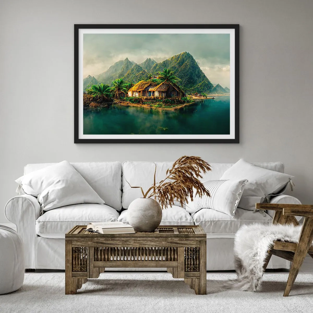 Poster in cornice nera - Un'isola tropicale con palme e montagne sullo sfondo - 100x70cm - Paradiso tropicale - Decorazione murale moderna per soggiorno e camera da letto ARTTOR