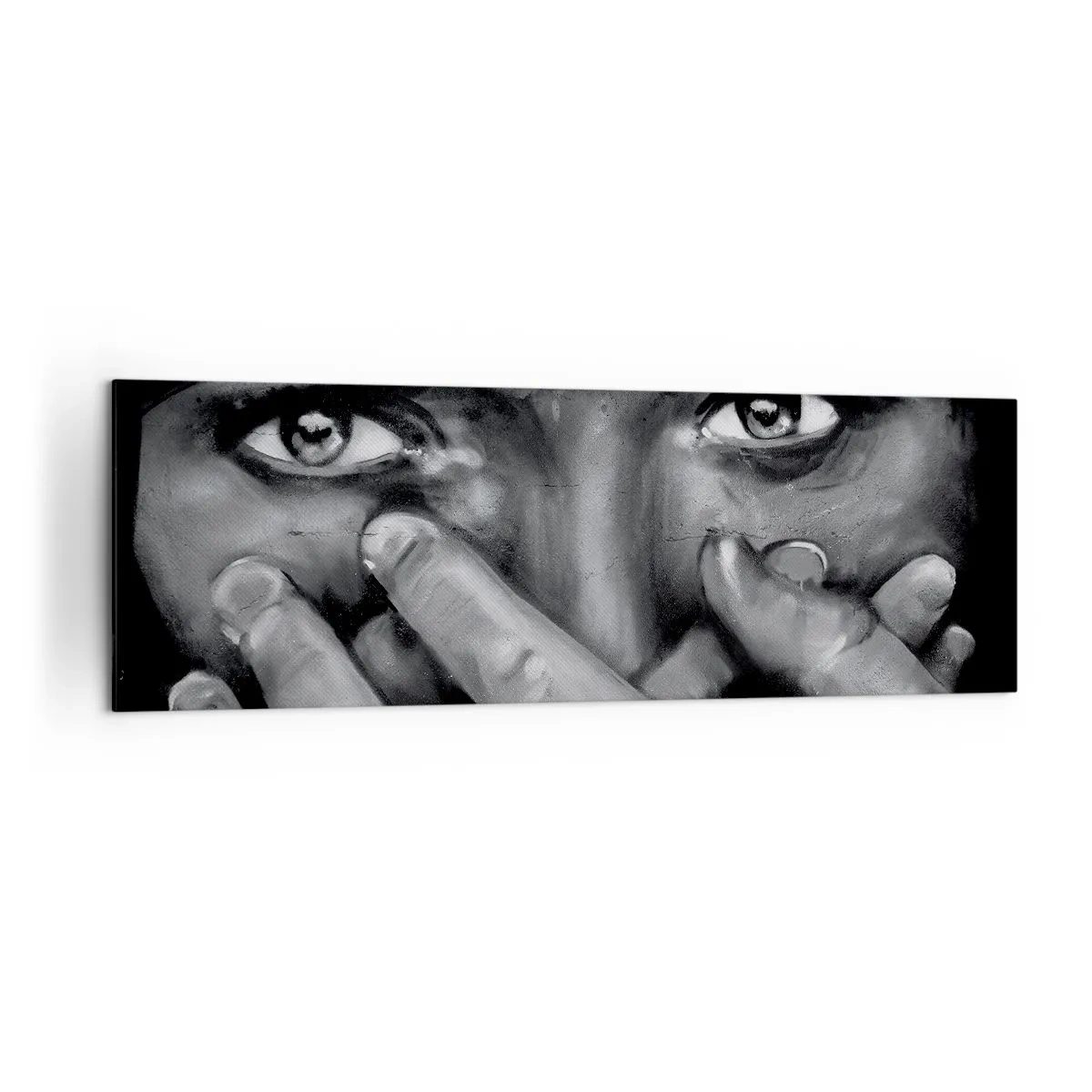 Quadro su tela - Stampe su Tela - Ritratto in bianco e nero di una donna che si copre il viso con le mani. - 160x50cm - Non dico chi l'ha dipinto - Decorazione murale moderna per soggiorno e camera da letto ARTTOR