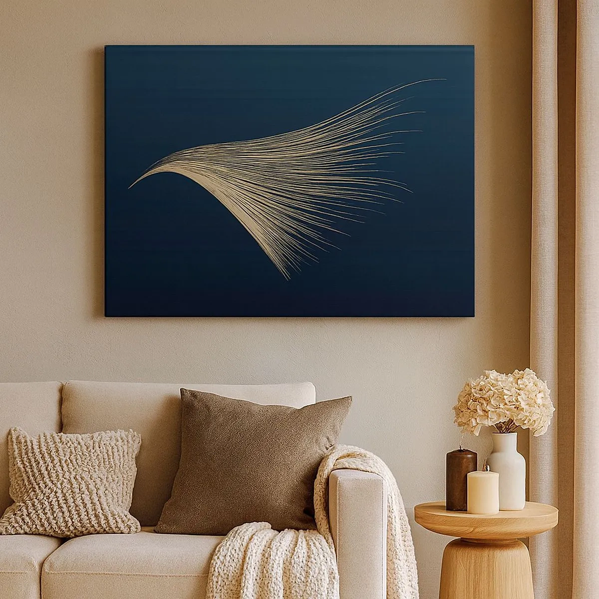 Quadro su tela - Stampe su Tela - Una delicata linea simile a una piuma su uno sfondo blu navy - 70x50cm - Come un capello d'angelo - Decorazione murale moderna per soggiorno e camera da letto ARTTOR