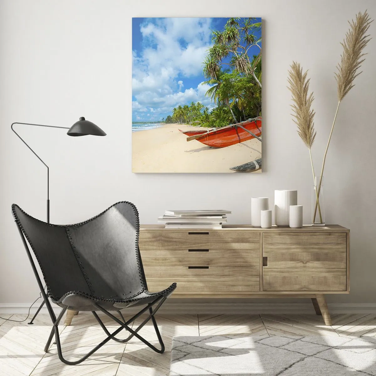 Quadro su vetro - Spiaggia tropicale con palme e barche tradizionali - 50x70cm - La bellezza dei tropici - Decorazione murale moderna per soggiorno e camera da letto ARTTOR
