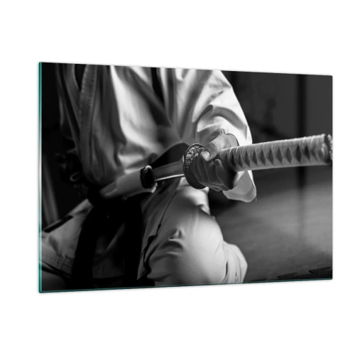 Quadro su vetro - Una figura in kimono che impugna una spada, composizione in bianco e nero - 120x80cm - L'anima del guerriero - Decorazione murale moderna per soggiorno e camera da letto ARTTOR