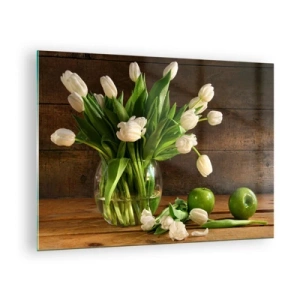 Quadro su vetro - Un vaso di tulipani bianchi e mele verdi su un tavolo di legno - 70x50cm - Freschezza in verde e bianco - Decorazione murale moderna per soggiorno e camera da letto ARTTOR
