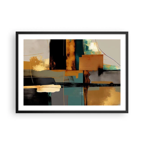 Poster in cornice nera - Composizione astratta con elementi in oro e turchese - 70x50cm - Astrazione: luci e ombre - Decorazione murale moderna per soggiorno e camera da letto ARTTOR