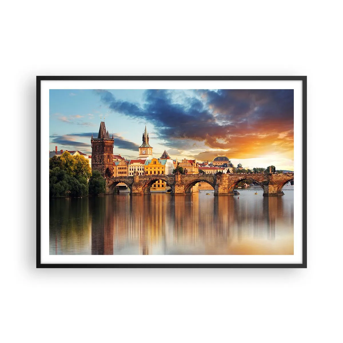 Poster in cornice nera - Lo storico ponte sul fiume alla luce del tramonto - 100x70cm - Bella da secoli - Decorazione murale moderna per soggiorno e camera da letto ARTTOR