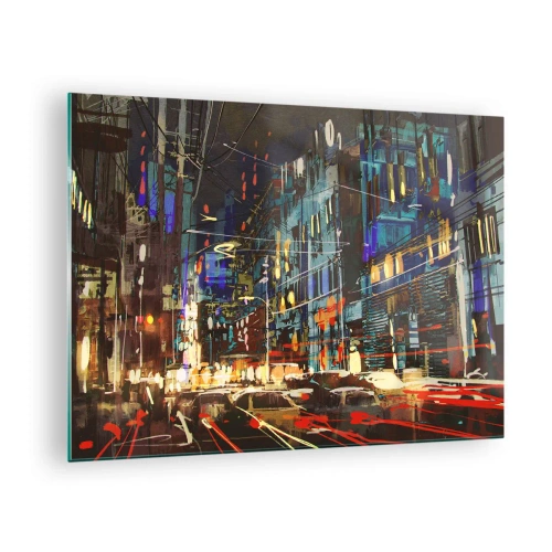 Quadro su vetro - Strada cittadina serale con luci al neon e traffico - 70x50cm - Frastuono serale della strada - Decorazione murale moderna per soggiorno e camera da letto ARTTOR