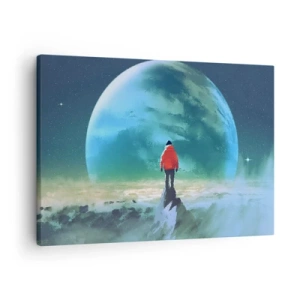 Quadro su tela - Stampe su Tela - Un uomo con una giacca rossa in piedi davanti a un grande pianeta con le stelle sullo sfondo. - 70x50cm - Scopritore di una nuova terra - Decorazione murale moderna per soggiorno e camera da letto ARTTOR