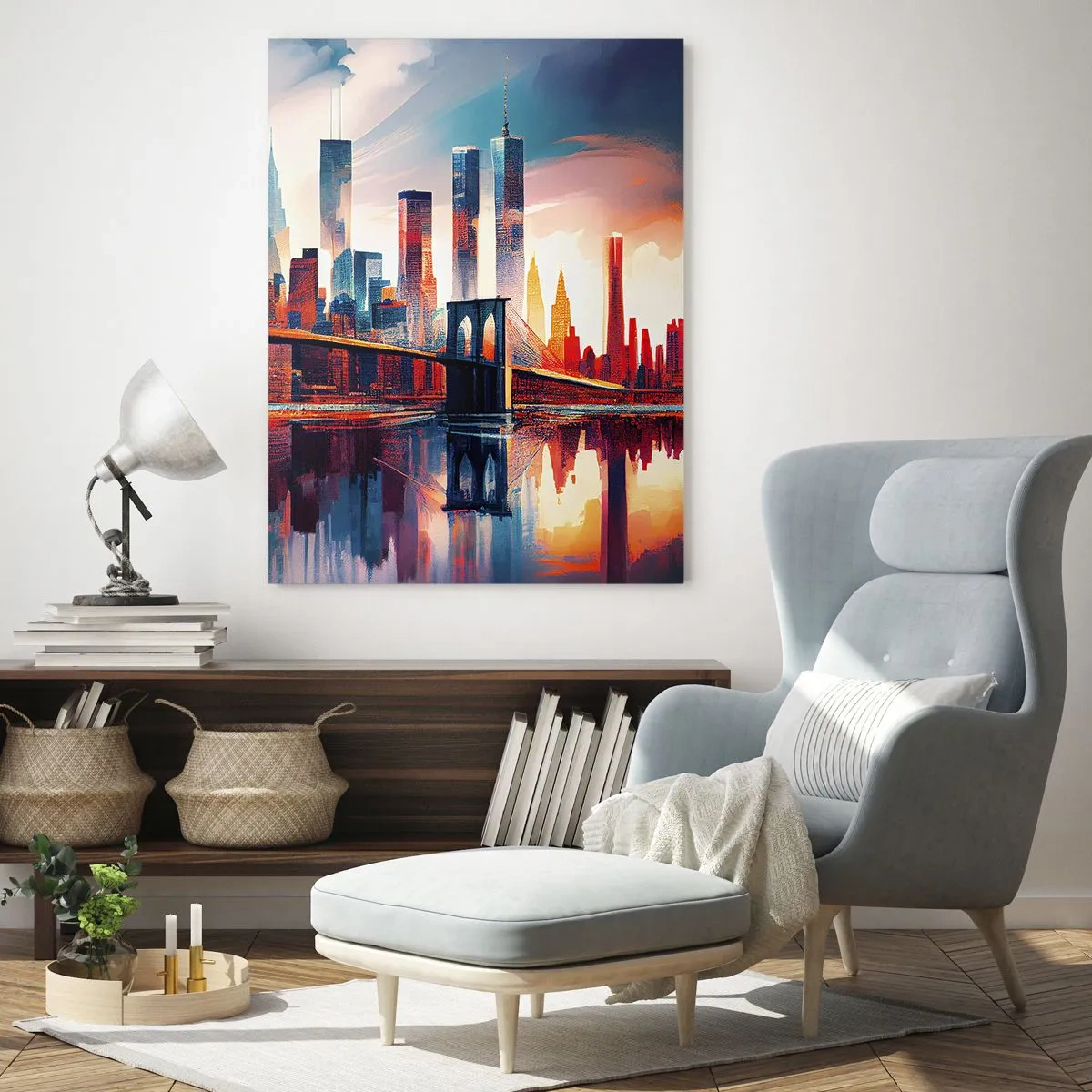 Quadro su vetro - Panorama della città con un ponte contro il cielo colorato e riflesso nell'acqua - 50x70cm - Una New York spettacolare - Decorazione murale moderna per soggiorno e camera da letto ARTTOR