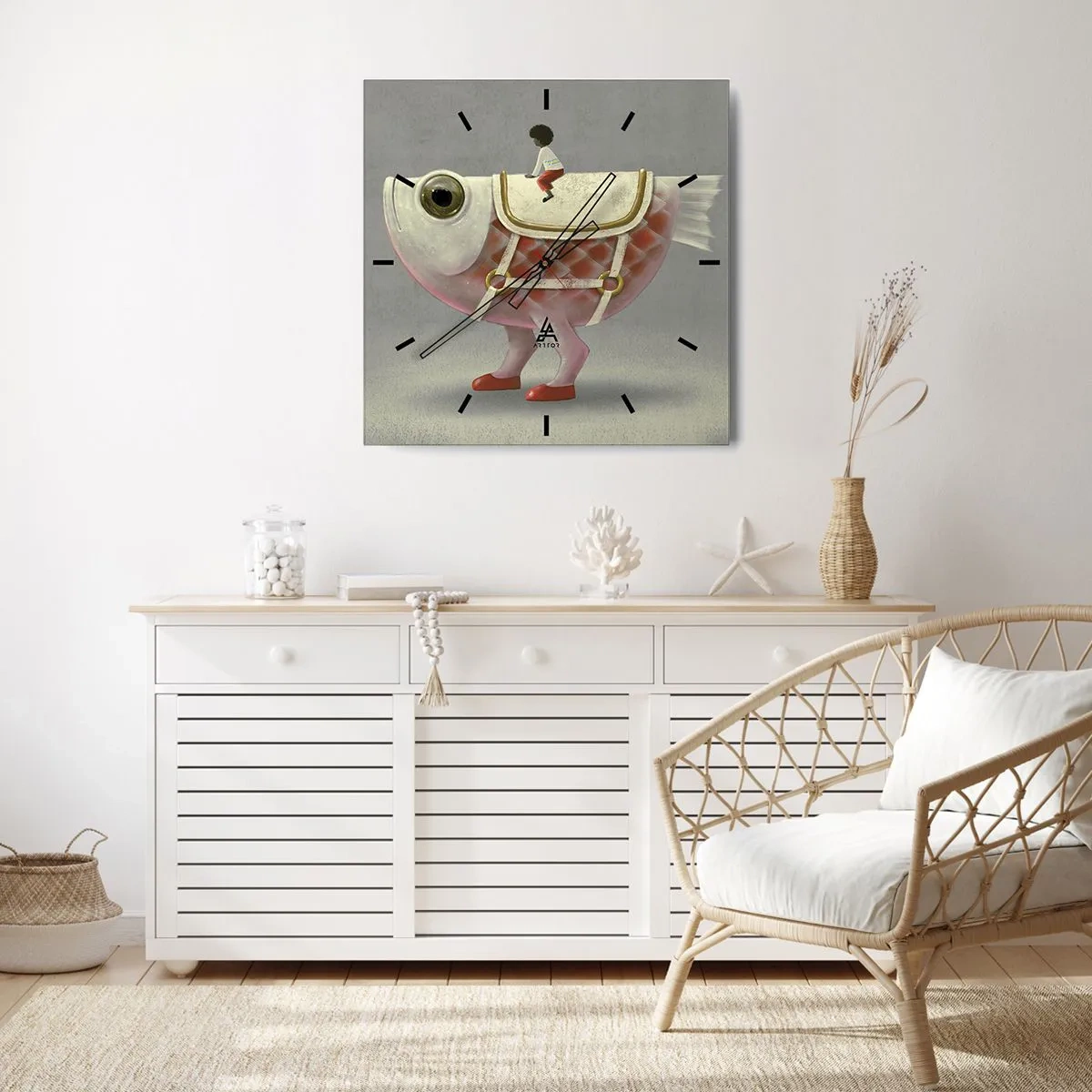 Orologio da parete - Orologio in Vetro - Un fantasioso cavaliere di pesce con gambe e sella - 30x30cm - Il cavaliere del pesce - Decorazione murale moderna per soggiorno e camera da letto ARTTOR
