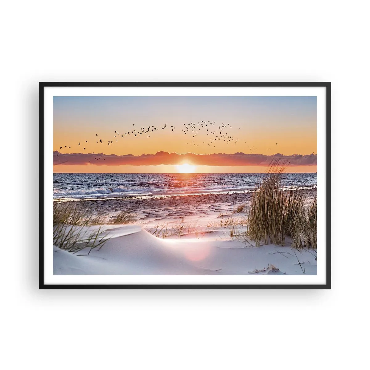 Poster in cornice nera - Tramonto sul mare con vista sulle dune - 100x70cm - Paesaggio orizzontale - Decorazione murale moderna per soggiorno e camera da letto ARTTOR