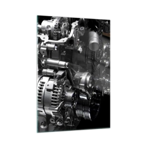 Quadro su vetro - Dettagli di un motore metallico su sfondo nero - 50x70cm - D'acciaio, bello, forte - Decorazione murale moderna per soggiorno e camera da letto ARTTOR