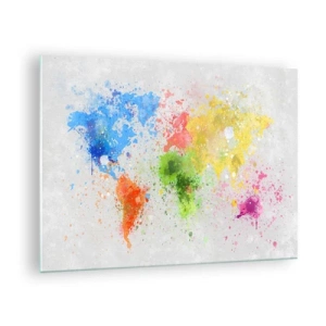 Quadro su vetro - Una mappa del mondo con schizzi di vernice colorata - 70x50cm - Tutti i colori del mondo - Decorazione murale moderna per soggiorno e camera da letto ARTTOR