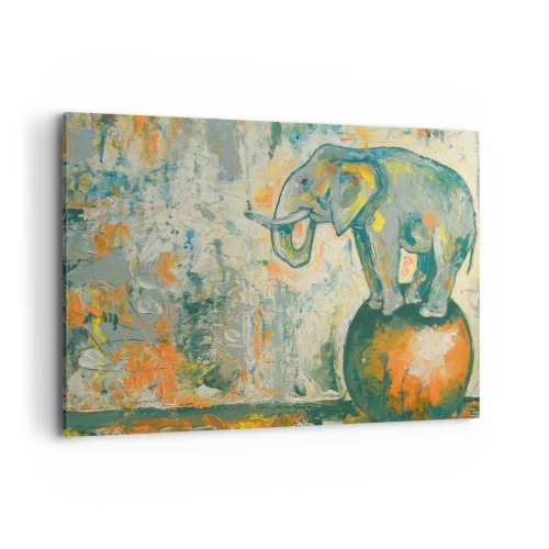 Quadro su tela - Stampe su Tela - Un elefante in equilibrio su una palla in stile artistico - 120x80cm - Evviva il circo! - Decorazione murale moderna per soggiorno e camera da letto ARTTOR