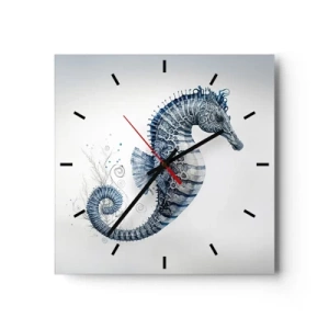 Orologio da parete - Orologio in Vetro - Cavalluccio marino nei toni del blu con dettagli acquerellati - 30x30cm - Delicato scherzo di natura - Decorazione murale moderna per soggiorno e camera da letto ARTTOR