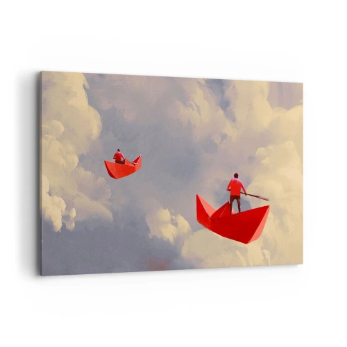 Quadro su tela - Stampe su Tela - Barche di carta rossa che galleggiano tra le nuvole - 100x70cm - La spedizione dei sognatori - Decorazione murale moderna per soggiorno e camera da letto ARTTOR
