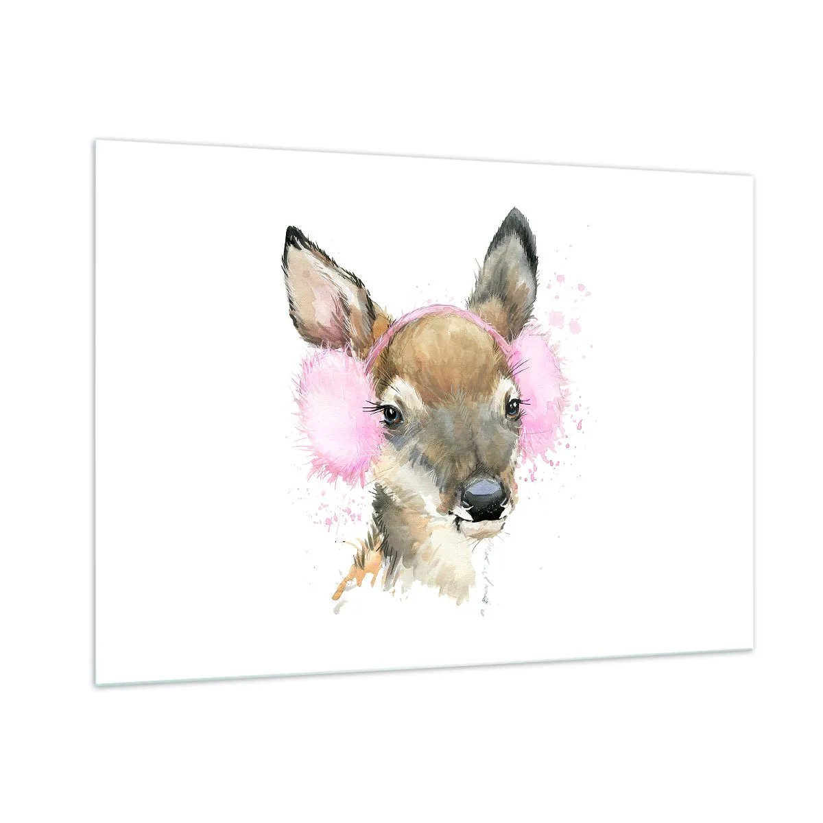 Quadro su vetro - Un cervo con paraorecchie di pelliccia rosa - 100x70cm - E il gelo non mette più paura - Decorazione murale moderna per soggiorno e camera da letto ARTTOR