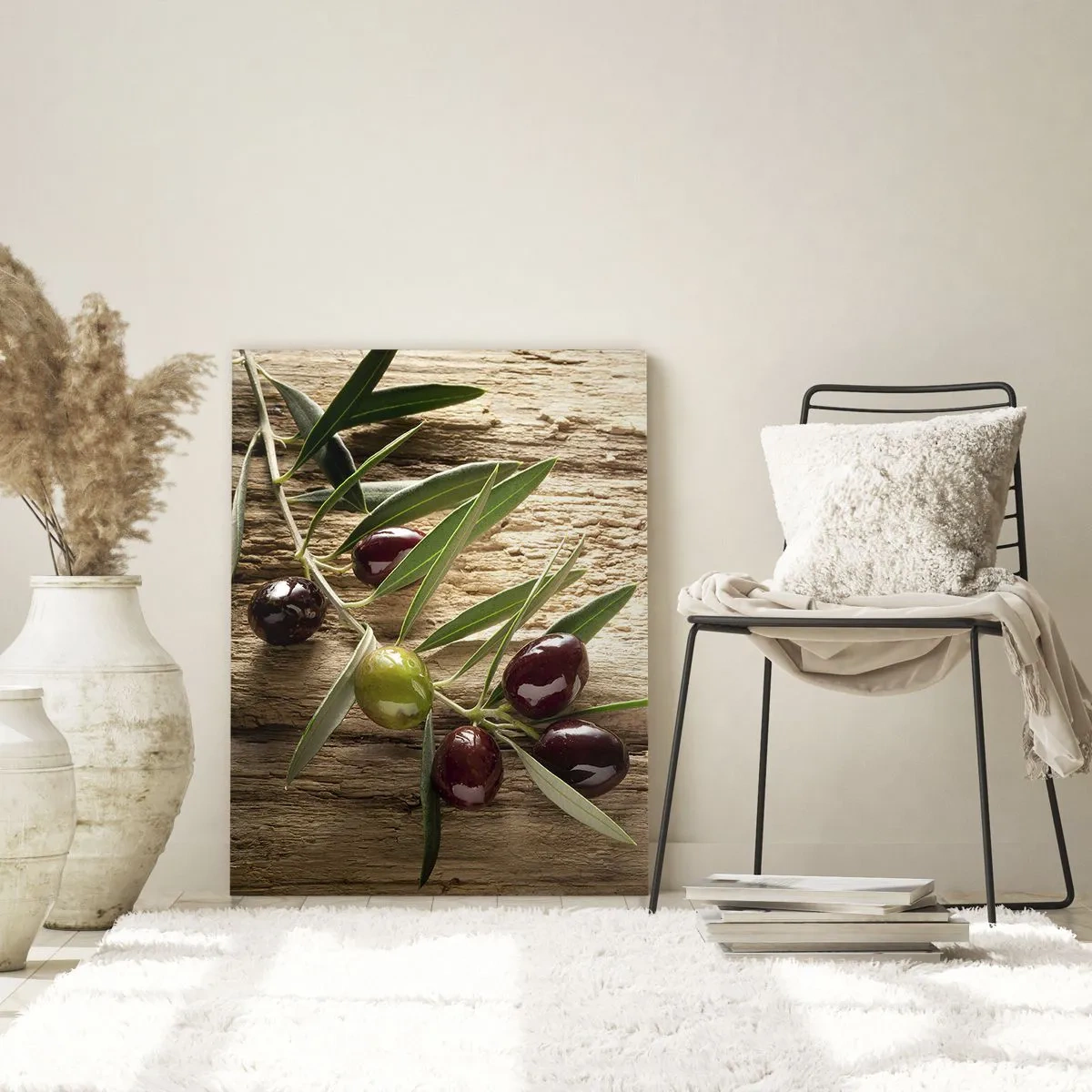 Quadro su vetro - Ramo d'ulivo con frutta su uno sfondo di legno invecchiato - 80x120cm - Direttamente dalla natura - Decorazione murale moderna per soggiorno e camera da letto ARTTOR